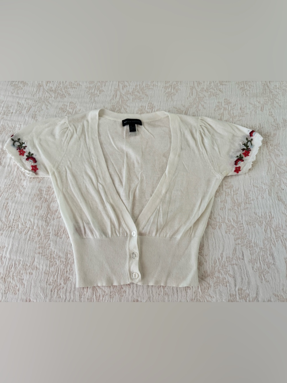 Mango White Cropped Button-Front Top with Red Floral Embroidery